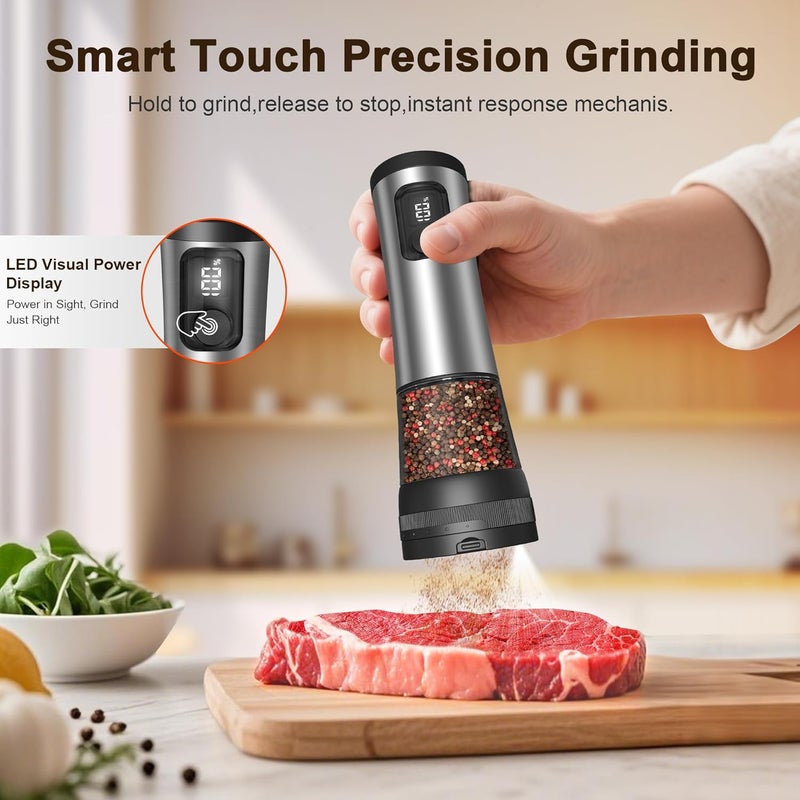Flelano Electric Salt and Pepper Grinder Set, 2-Speed Setting, Stainless Steel Rechargeable Automatic Pepper Mill Shakers with USB Charging Base,100ml Large Capacity, External Adjustable Coarseness,LED Light - Image 2